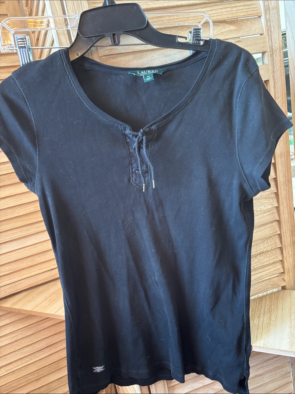 FINAL MARKDOWN Lauren Ralph Lauren Black Short Sleeve Lace-Up Ribbed Tee XL